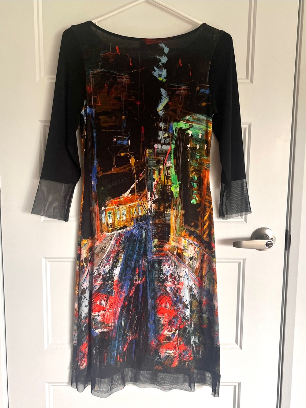 Abstract Brushstroke Black Long-Sleeve Mesh-Cuff Dress
